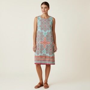 London‎ Style Womens Printed Dress Mini Sleeveless Back Zipper Cotton Blue Pink